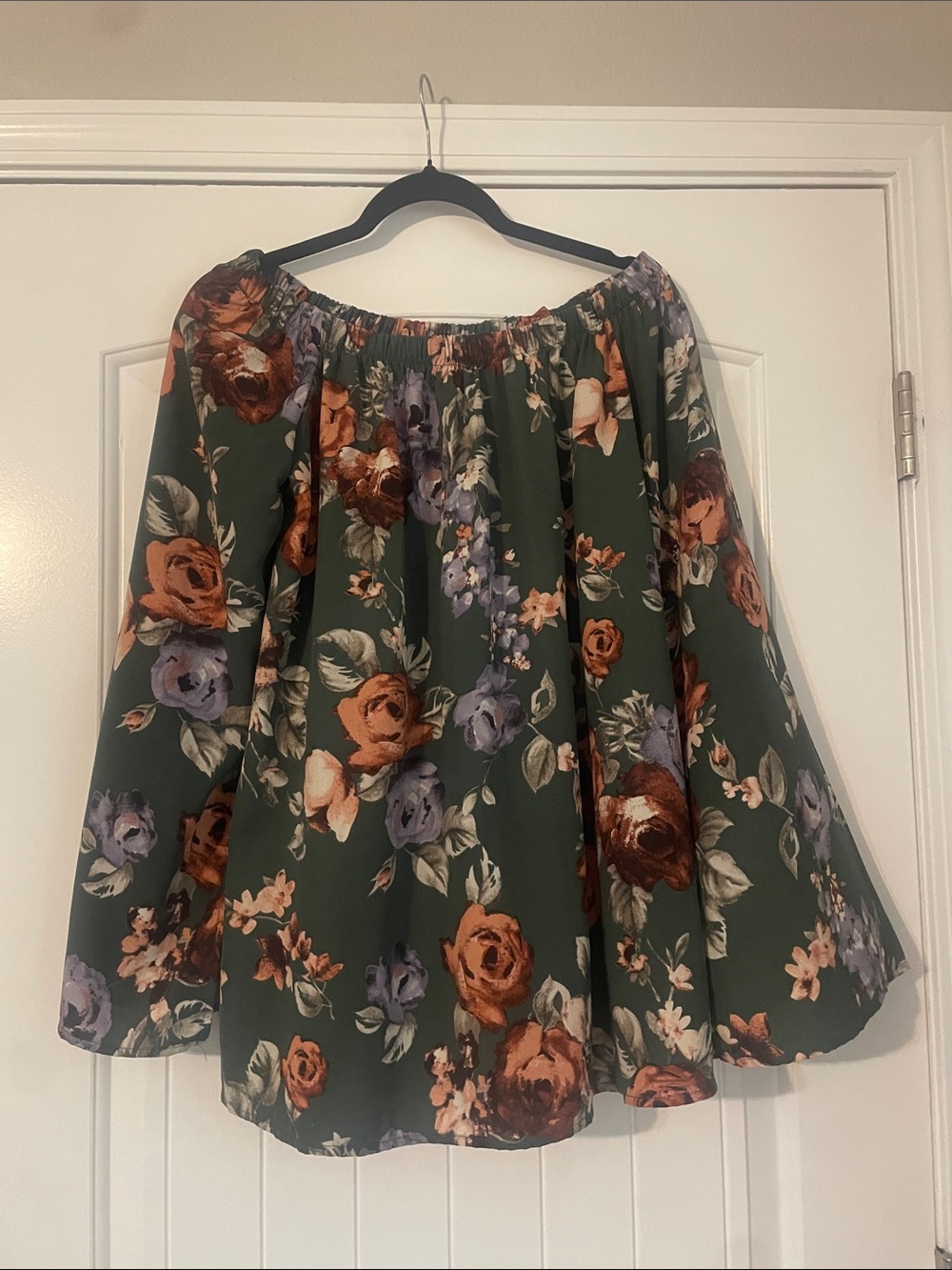 Off-Shoulder Forest Green Floral Blouse with Rust & Lavender Blooms